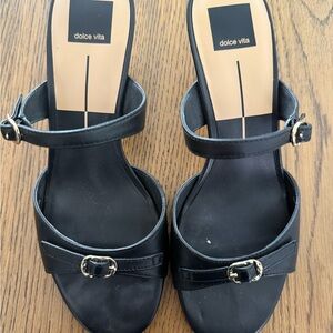 Dolce Vita Black Open-Toe Heeled Sandals with Gold Buckles